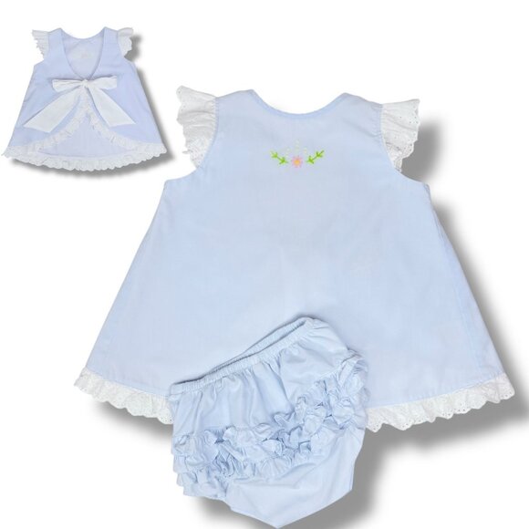Proper Peony Blue Embroidered Open Swing Back Matching Ruffle Outfit Set 2T